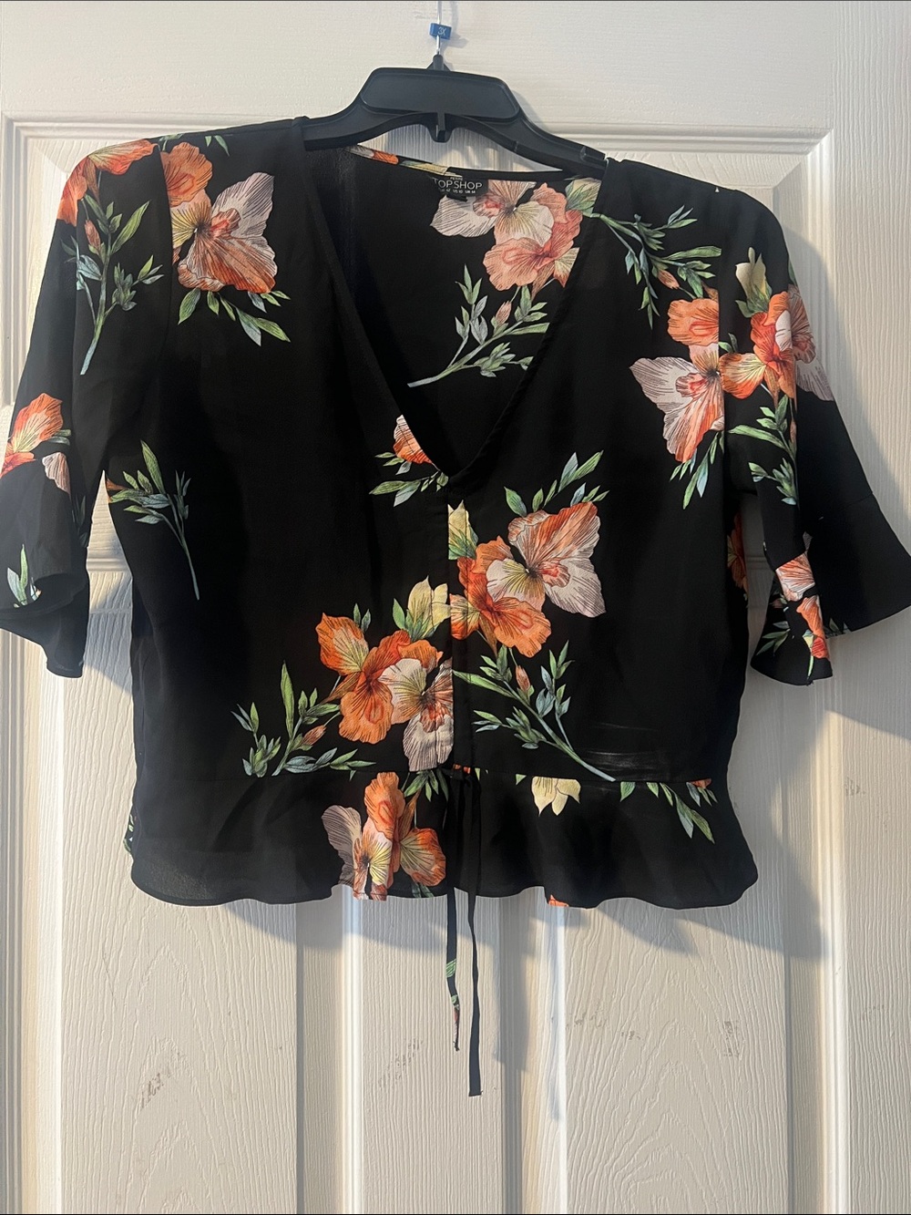 Topshop Black Floral Tie-Front V-Neck Blouse